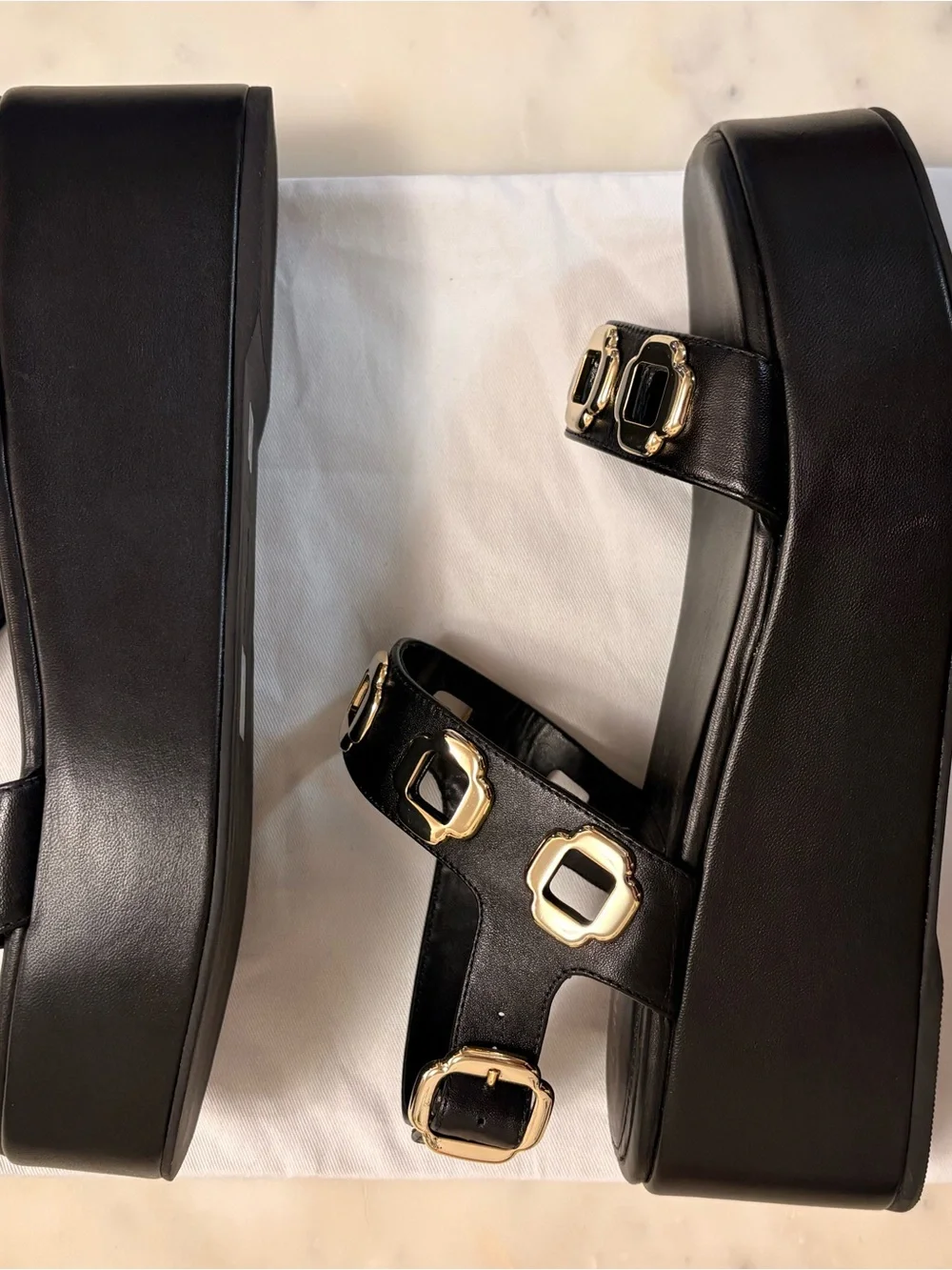 Larroude Milan Black Platform Sandals with Gold Accents